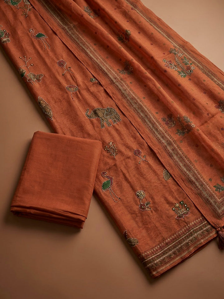 Rust Chanderi Printed Unstitched Dress Material