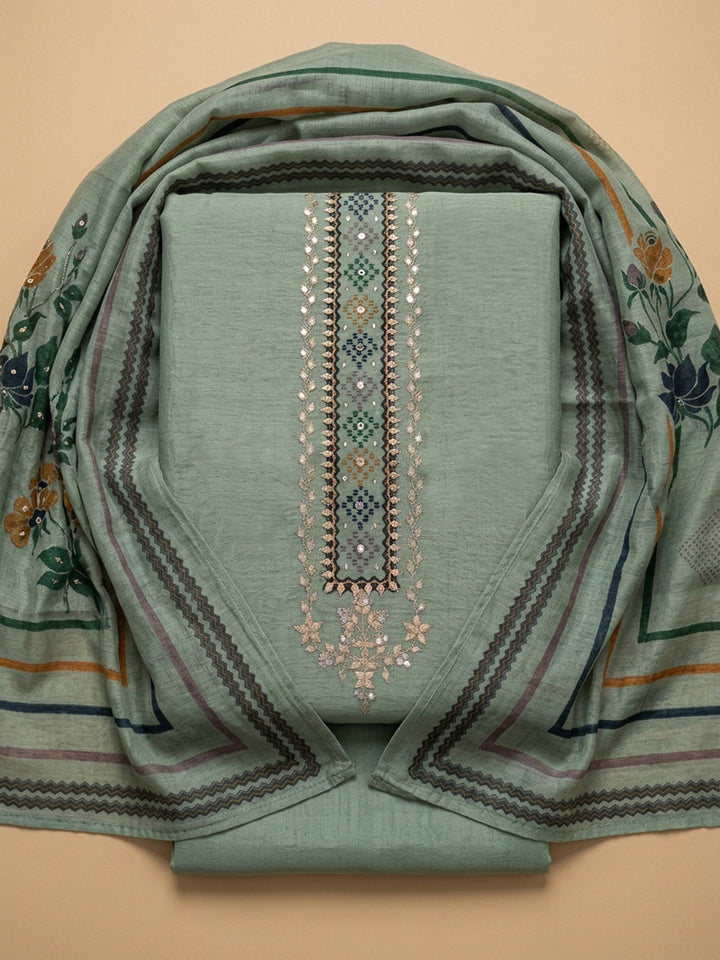 Aqua Green Embroidered Chanderi Unstitched Suit &amp; Pant With Chanderi Dupatta
