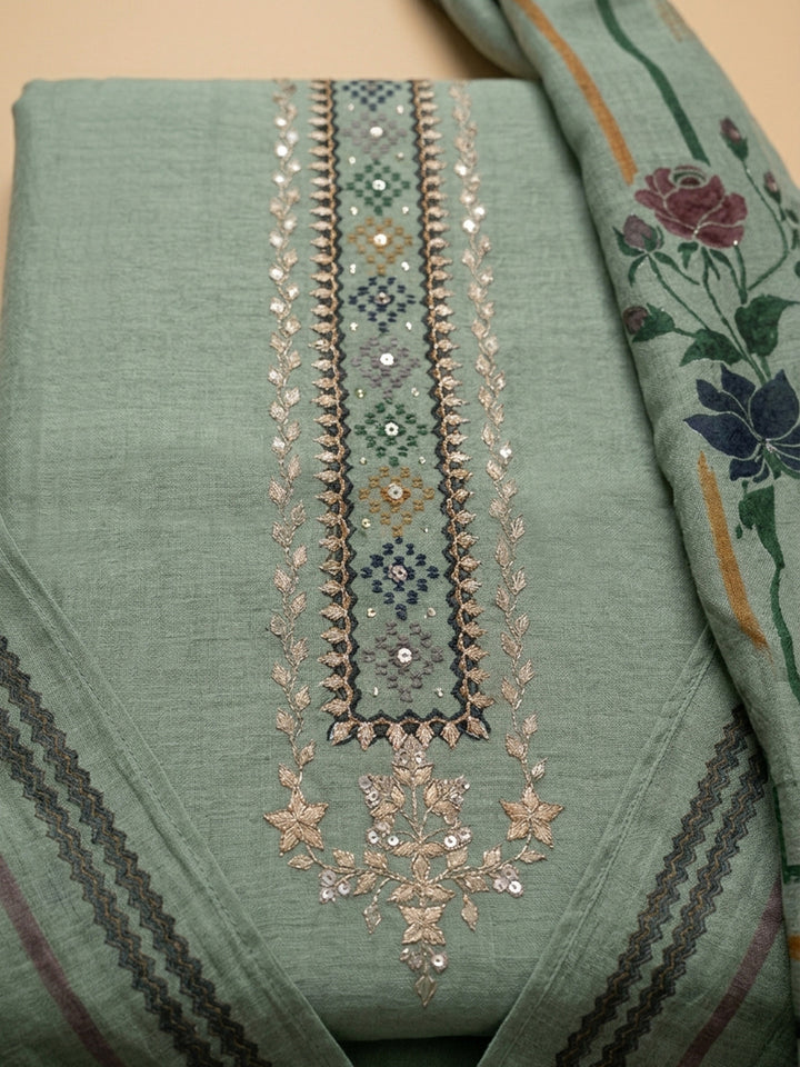 Aqua Green Embroidered Chanderi Unstitched Suit &amp; Pant With Chanderi Dupatta