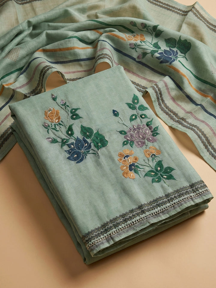 Aqua Green Embroidered Chanderi Unstitched Suit &amp; Pant With Chanderi Dupatta