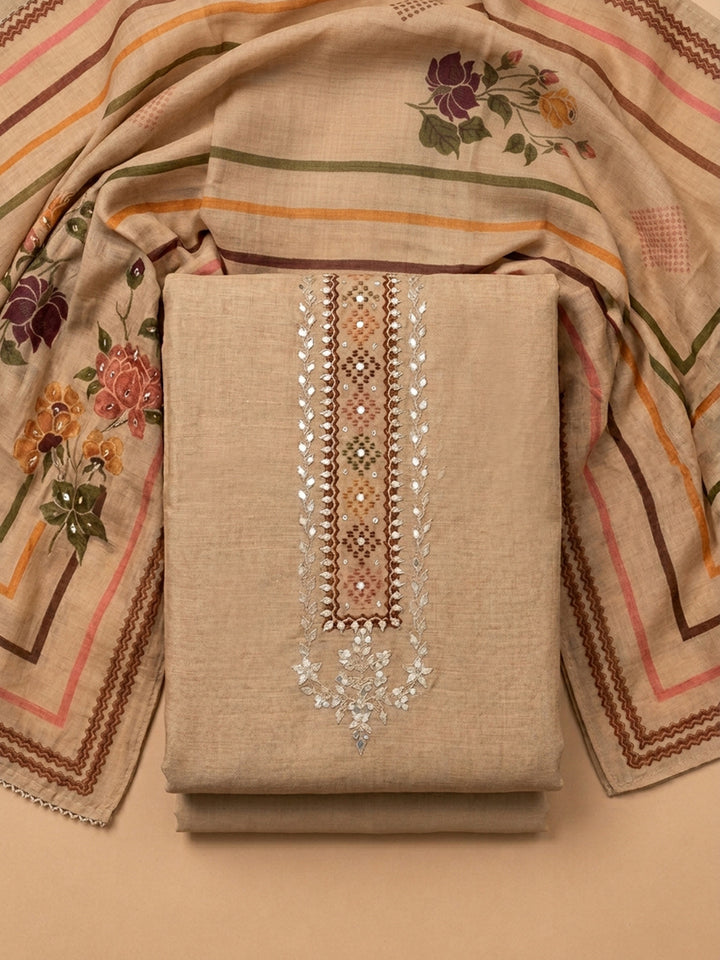 Beige Embroidered Chanderi Unstitched Suit &amp; Pant With Chanderi Dupatta