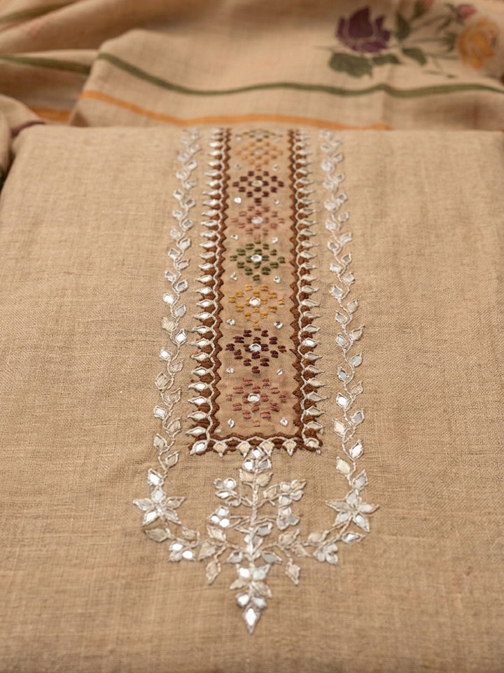 Beige Embroidered Chanderi Unstitched Suit &amp; Pant With Chanderi Dupatta