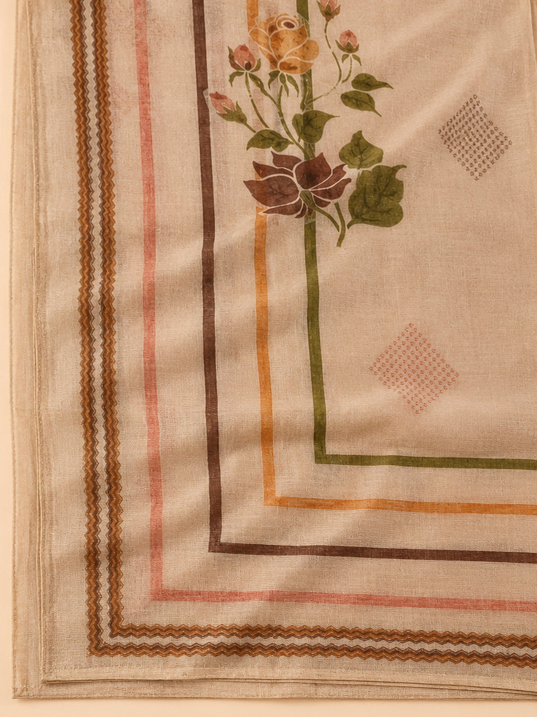 Beige Embroidered Chanderi Unstitched Suit &amp; Pant With Chanderi Dupatta