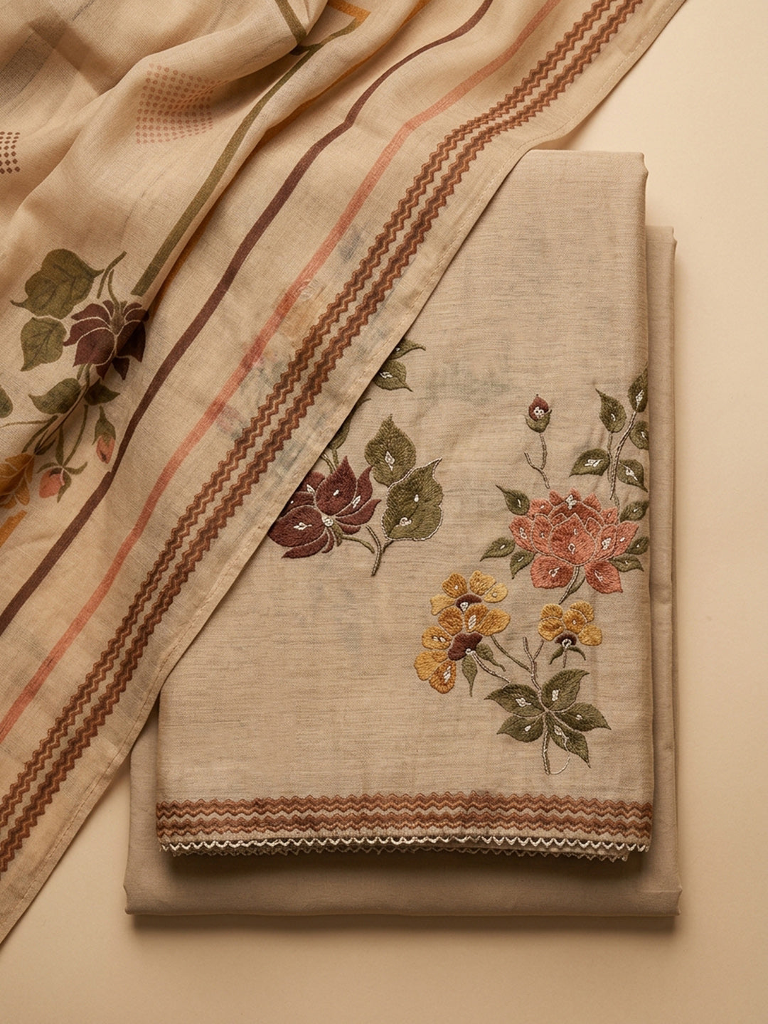 Beige Embroidered Chanderi Unstitched Suit &amp; Pant With Chanderi Dupatta