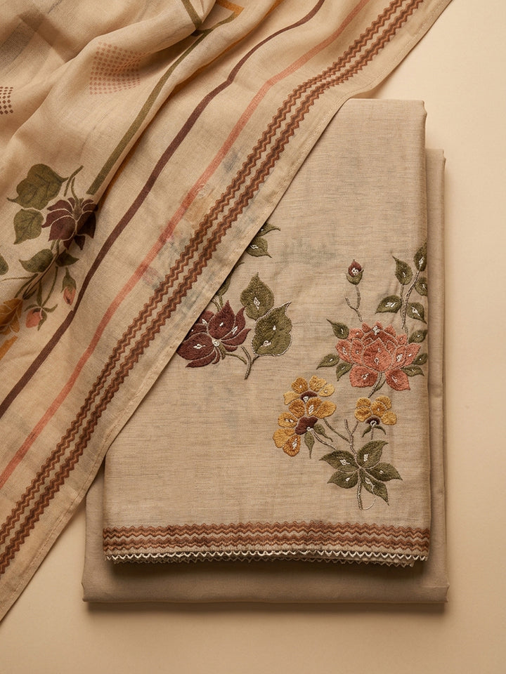 Beige Embroidered Chanderi Unstitched Suit &amp; Pant With Chanderi Dupatta