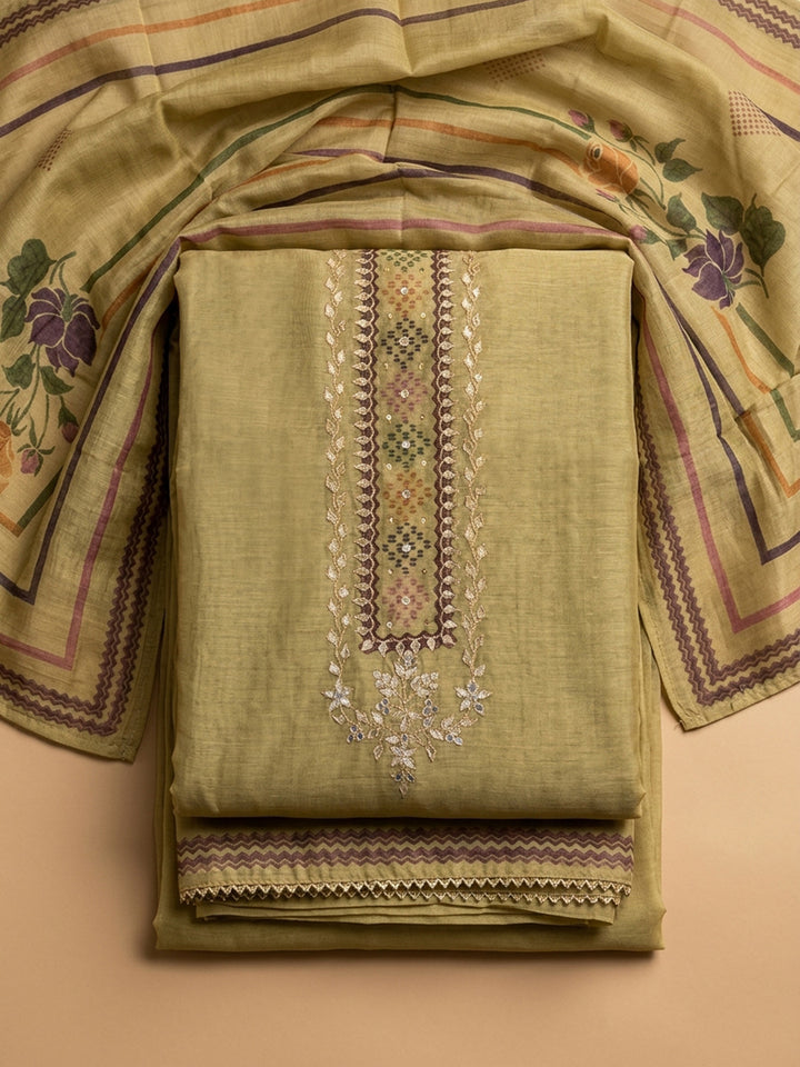 Mehndi Embroidered Chanderi Unstitched Suit &amp; Pant With Chanderi Dupatta