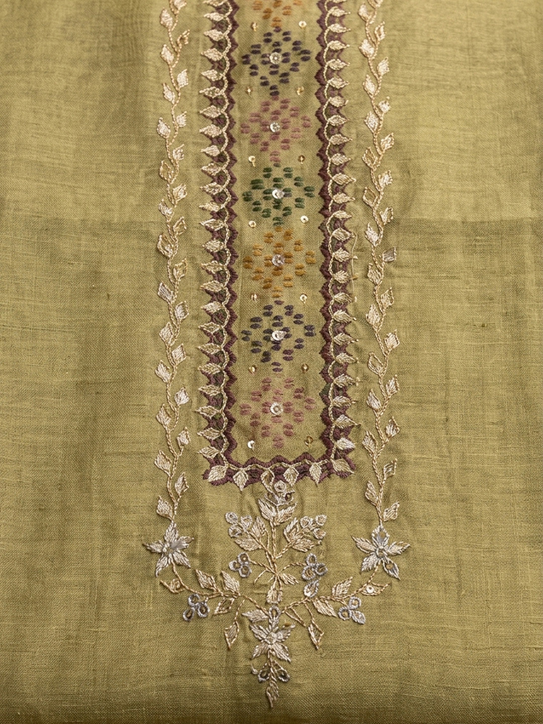 Mehndi Embroidered Chanderi Unstitched Suit &amp; Pant With Chanderi Dupatta