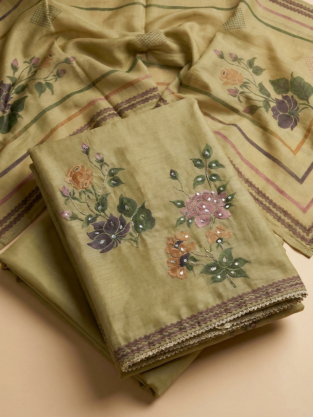 Mehndi Embroidered Chanderi Unstitched Suit &amp; Pant With Chanderi Dupatta
