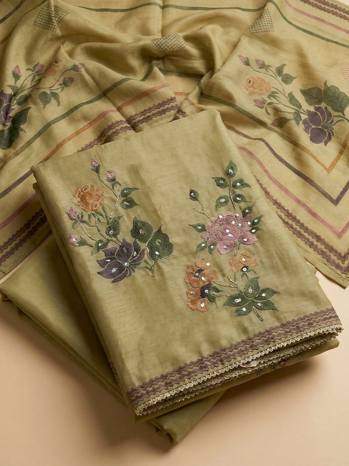 Mehndi Embroidered Chanderi Unstitched Suit &amp; Pant With Chanderi Dupatta
