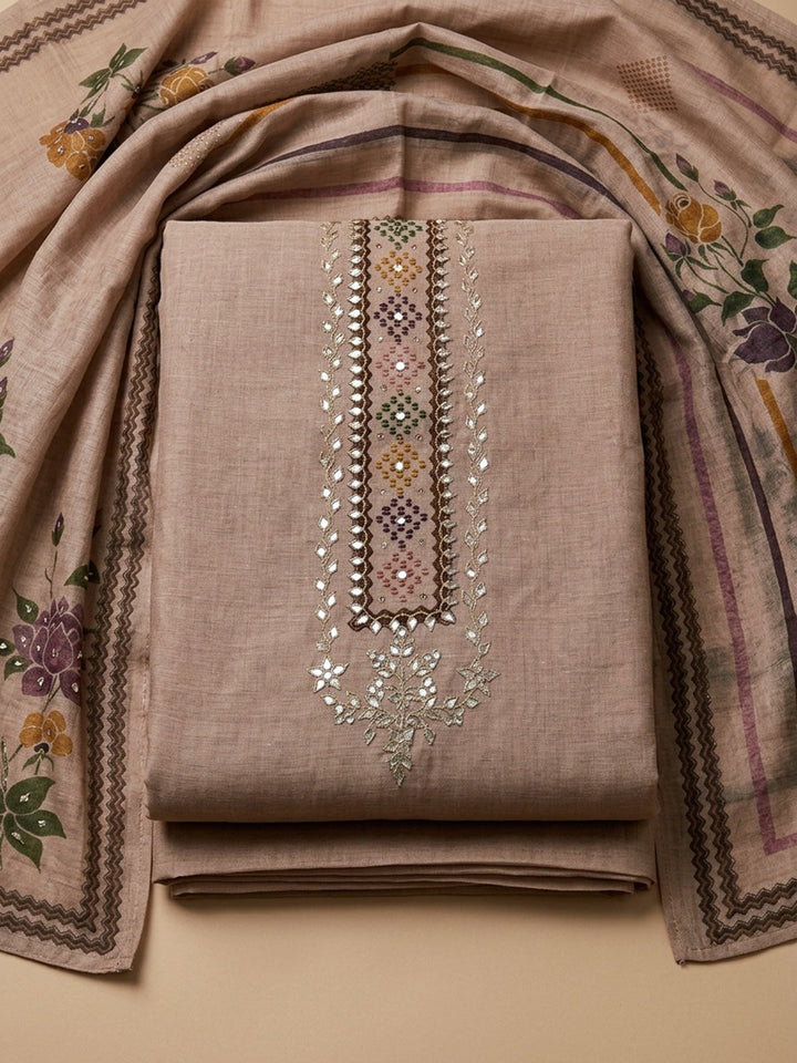 Onion Pink Embroidered Chanderi Unstitched Suit &amp; Pant With Chanderi Dupatta