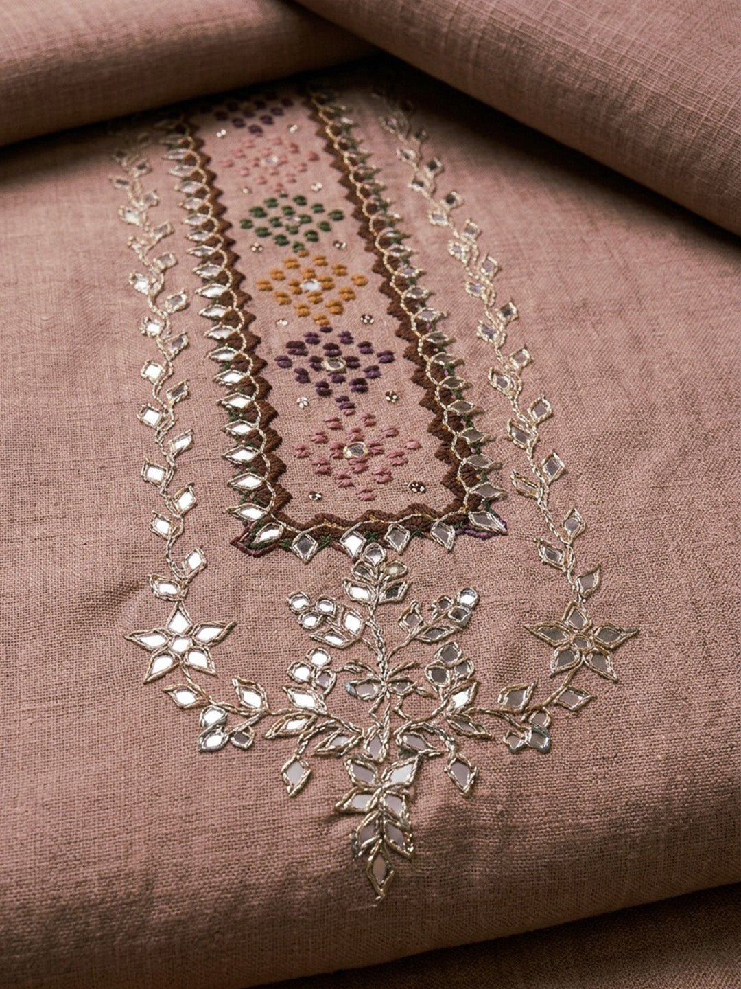 Onion Pink Embroidered Chanderi Unstitched Suit &amp; Pant With Chanderi Dupatta