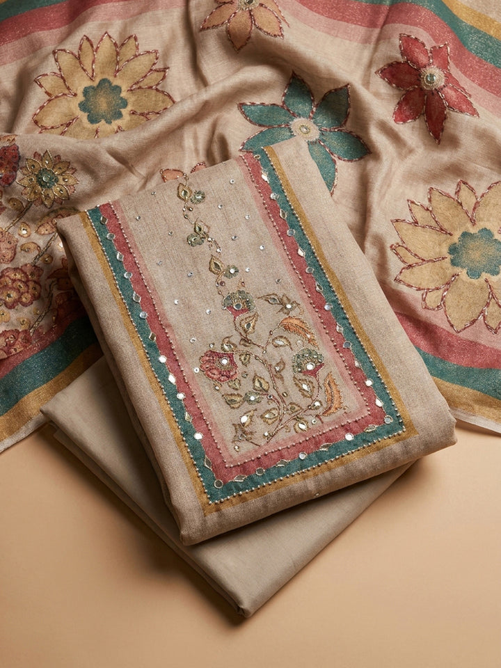 Cream Printed Chanderi Unstitched Dress Material