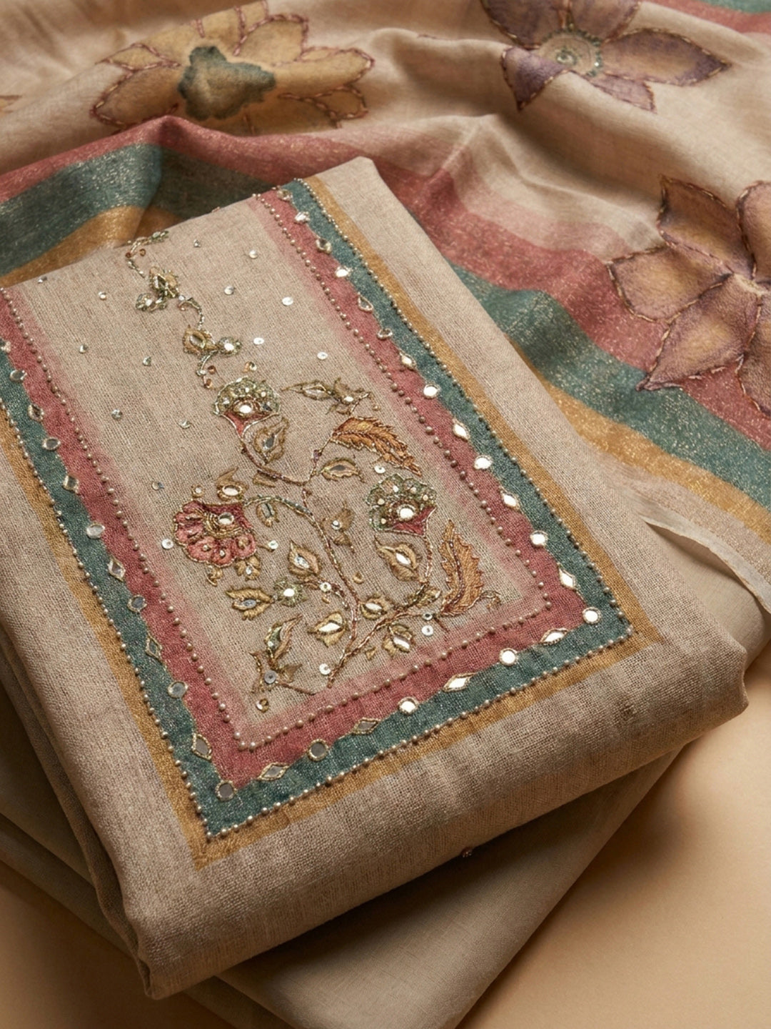 Cream Printed Chanderi Unstitched Dress Material