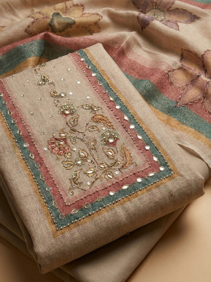 Cream Printed Chanderi Unstitched Dress Material