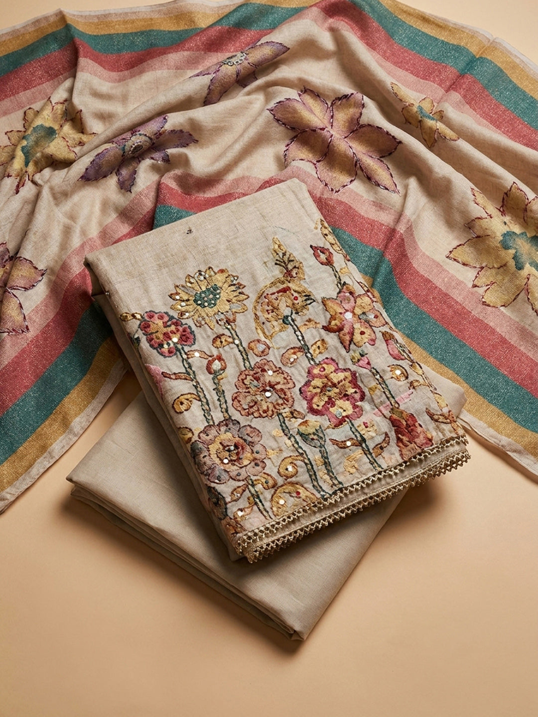 Cream Printed Chanderi Unstitched Dress Material