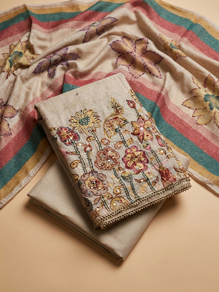 Cream Printed Chanderi Unstitched Dress Material