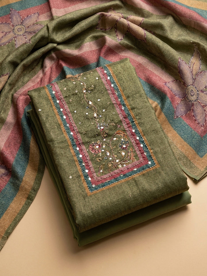 Green Printed Chanderi Unstitched Dress Material