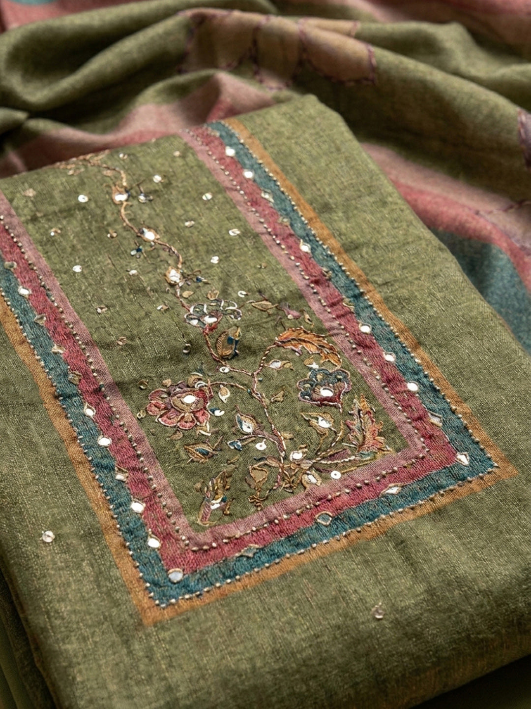 Green Printed Chanderi Unstitched Dress Material