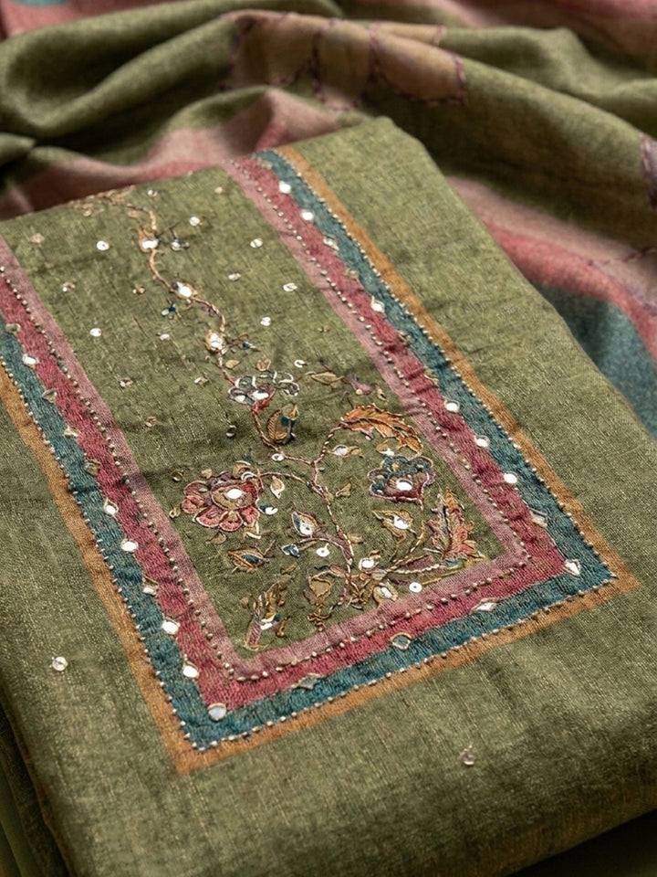 Green Printed Chanderi Unstitched Dress Material