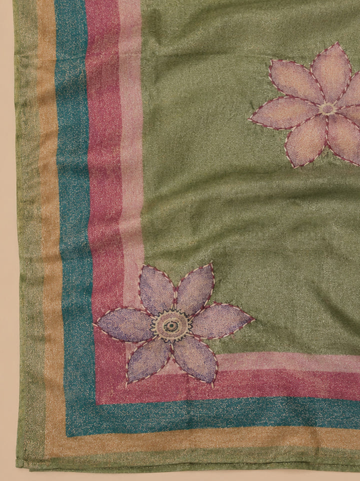 Green Printed Chanderi Unstitched Dress Material