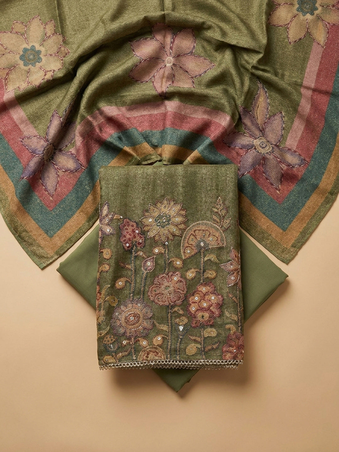 Green Printed Chanderi Unstitched Dress Material