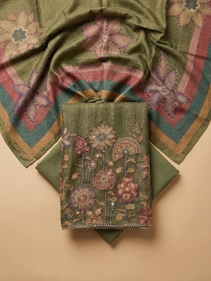 Green Printed Chanderi Unstitched Dress Material