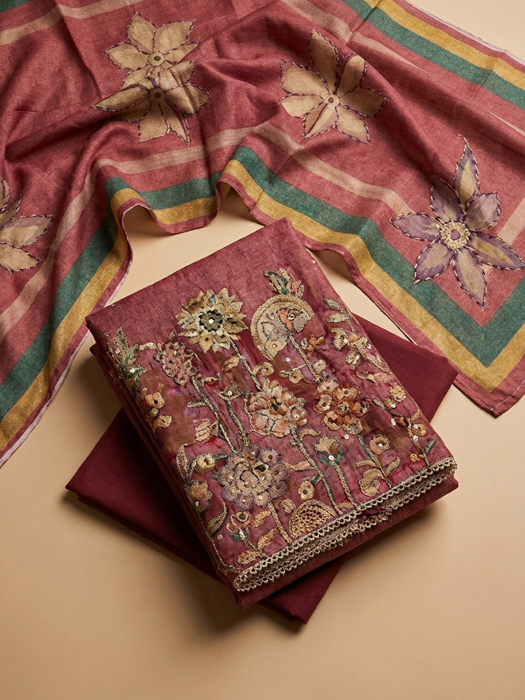 Onion Pink Printed Chanderi Unstitched Dress Material