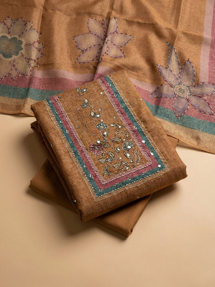 Rust Printed Chanderi Unstitched Dress Material
