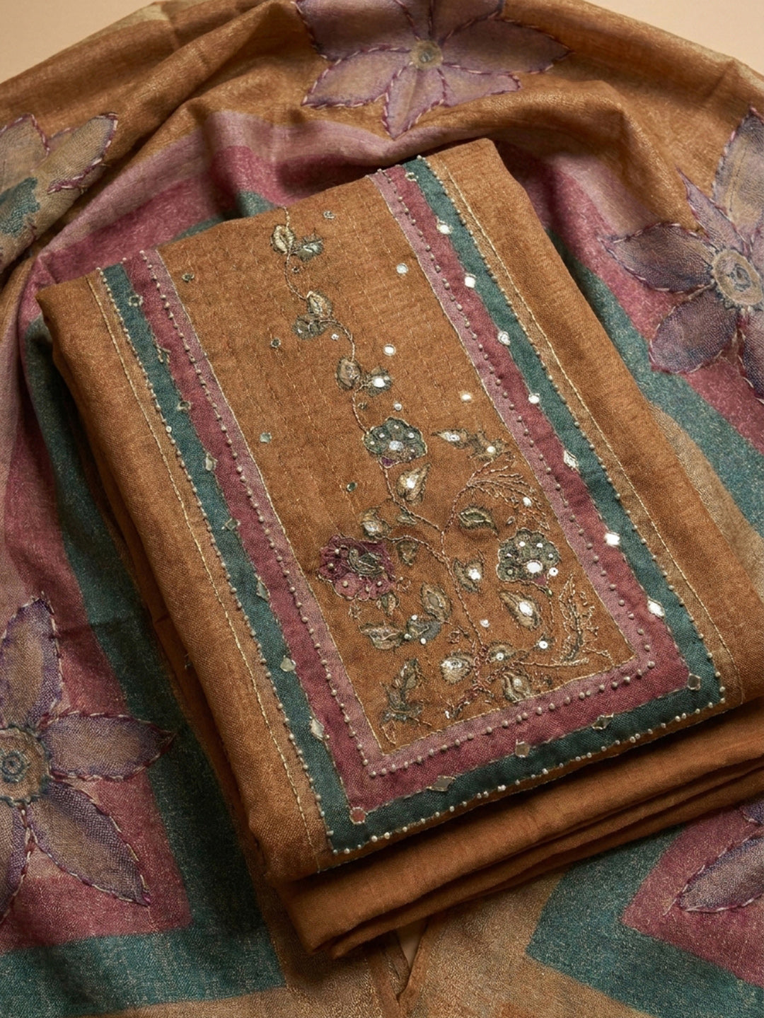Rust Printed Chanderi Unstitched Dress Material