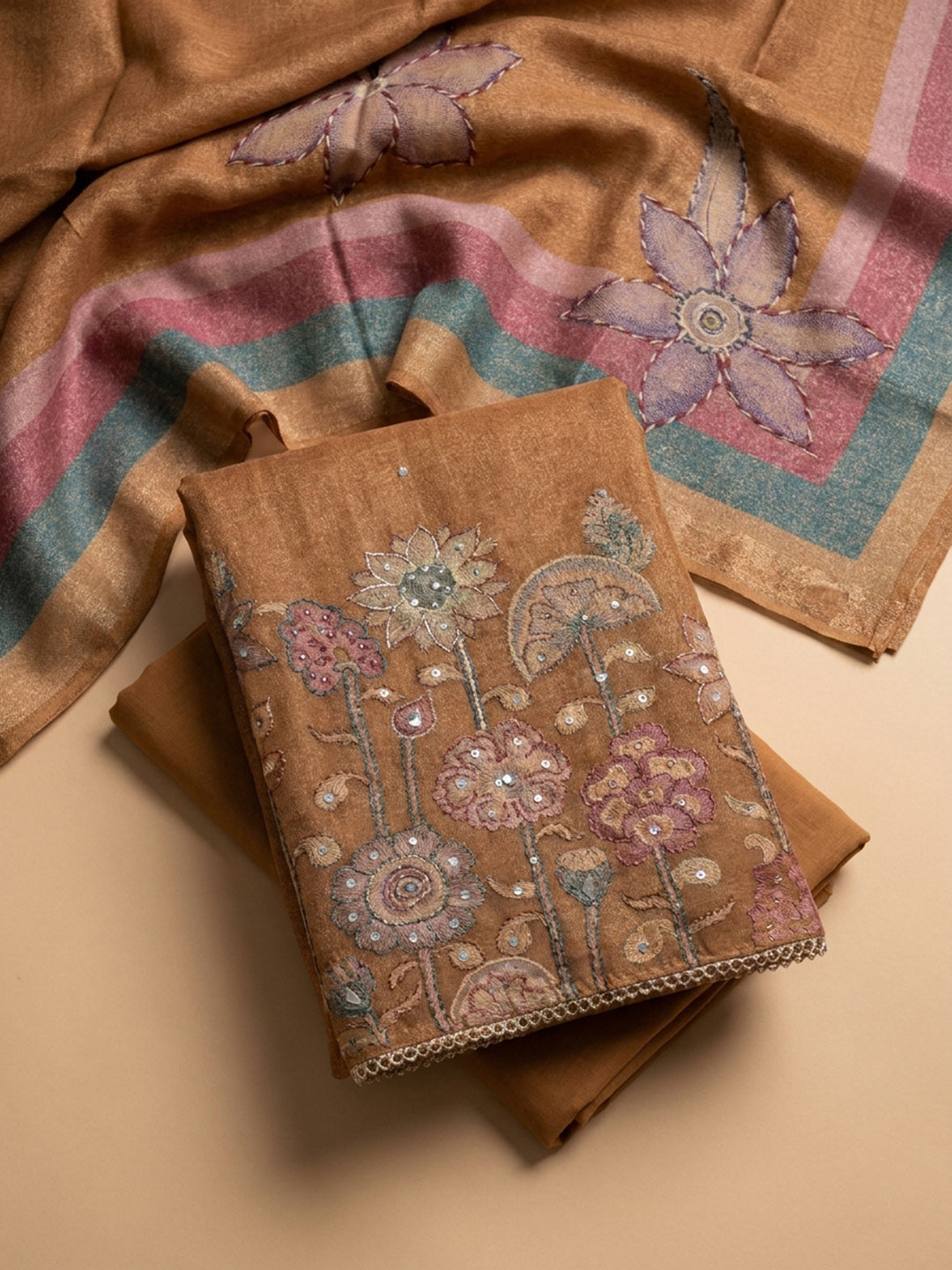 Rust Printed Chanderi Unstitched Dress Material