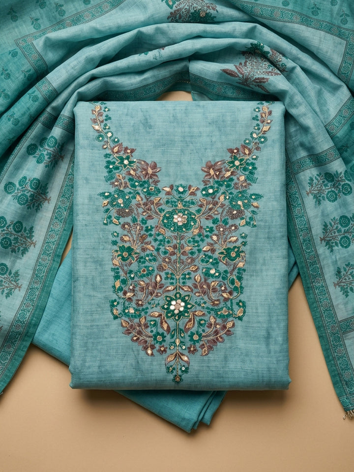 Firozee Printed Chanderi Unstitched Suit &amp; Pant With Chanderi Dupatta