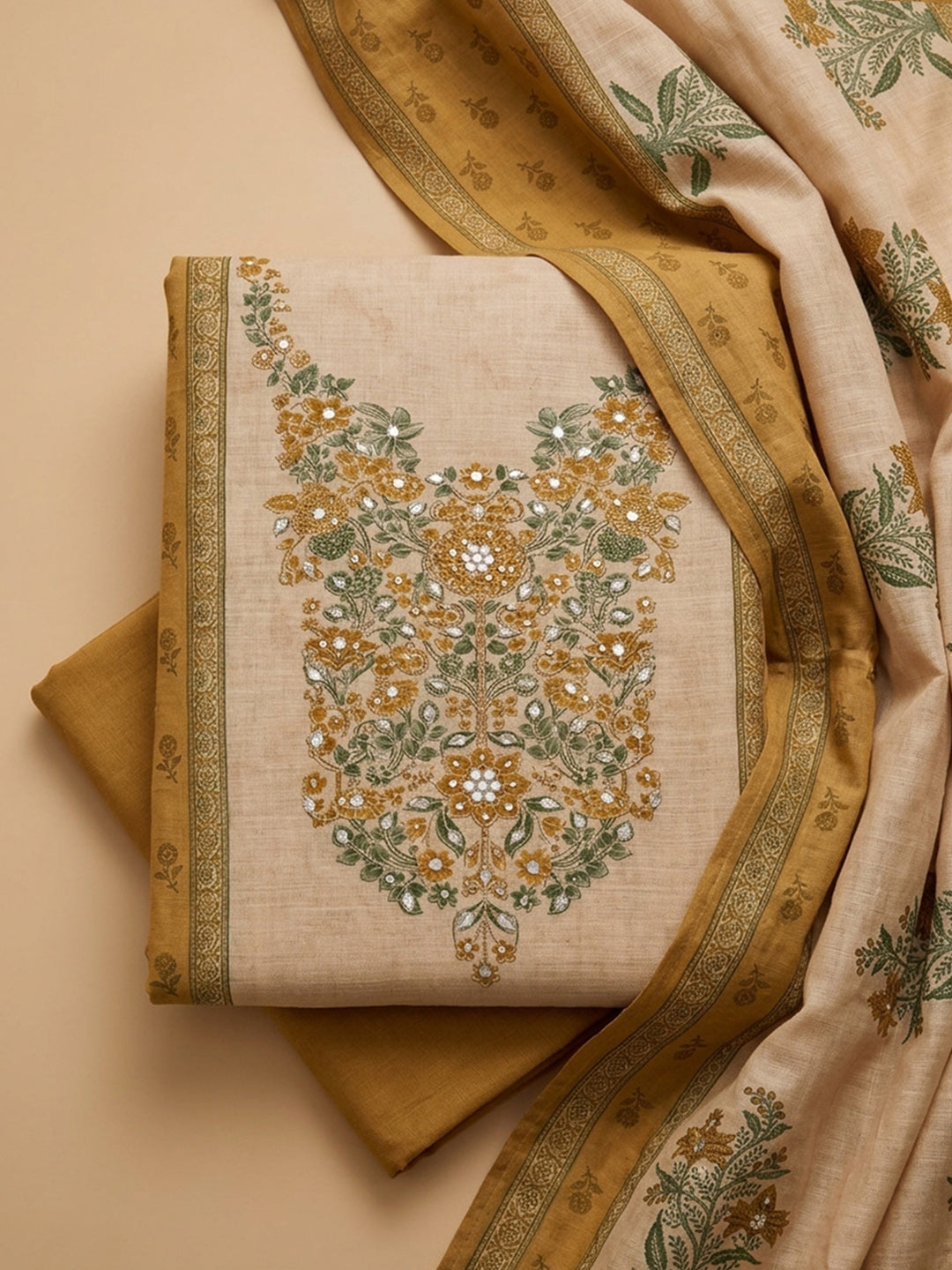 Mustard Printed Chanderi Unstitched Suit &amp; Pant With Chanderi Dupatta