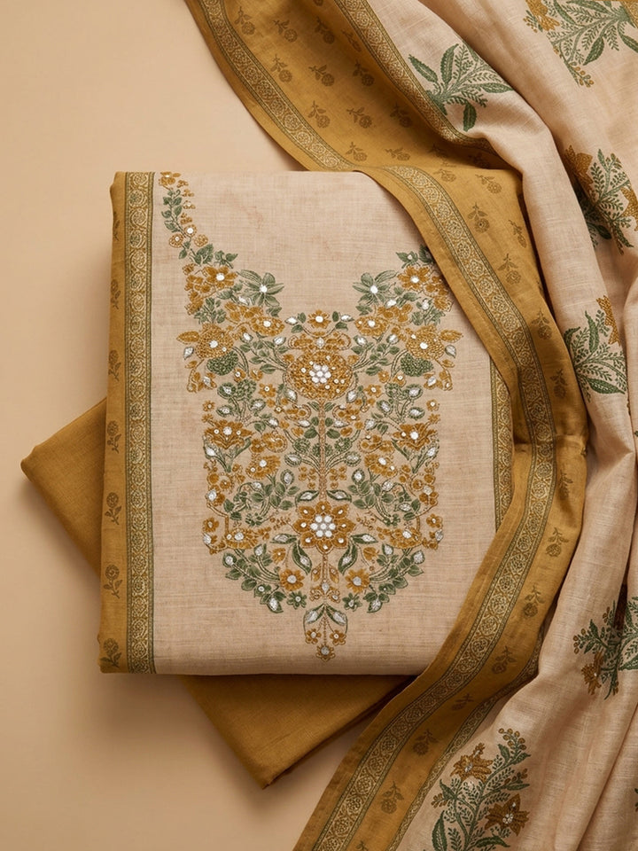 Mustard Printed Chanderi Unstitched Suit &amp; Pant With Chanderi Dupatta