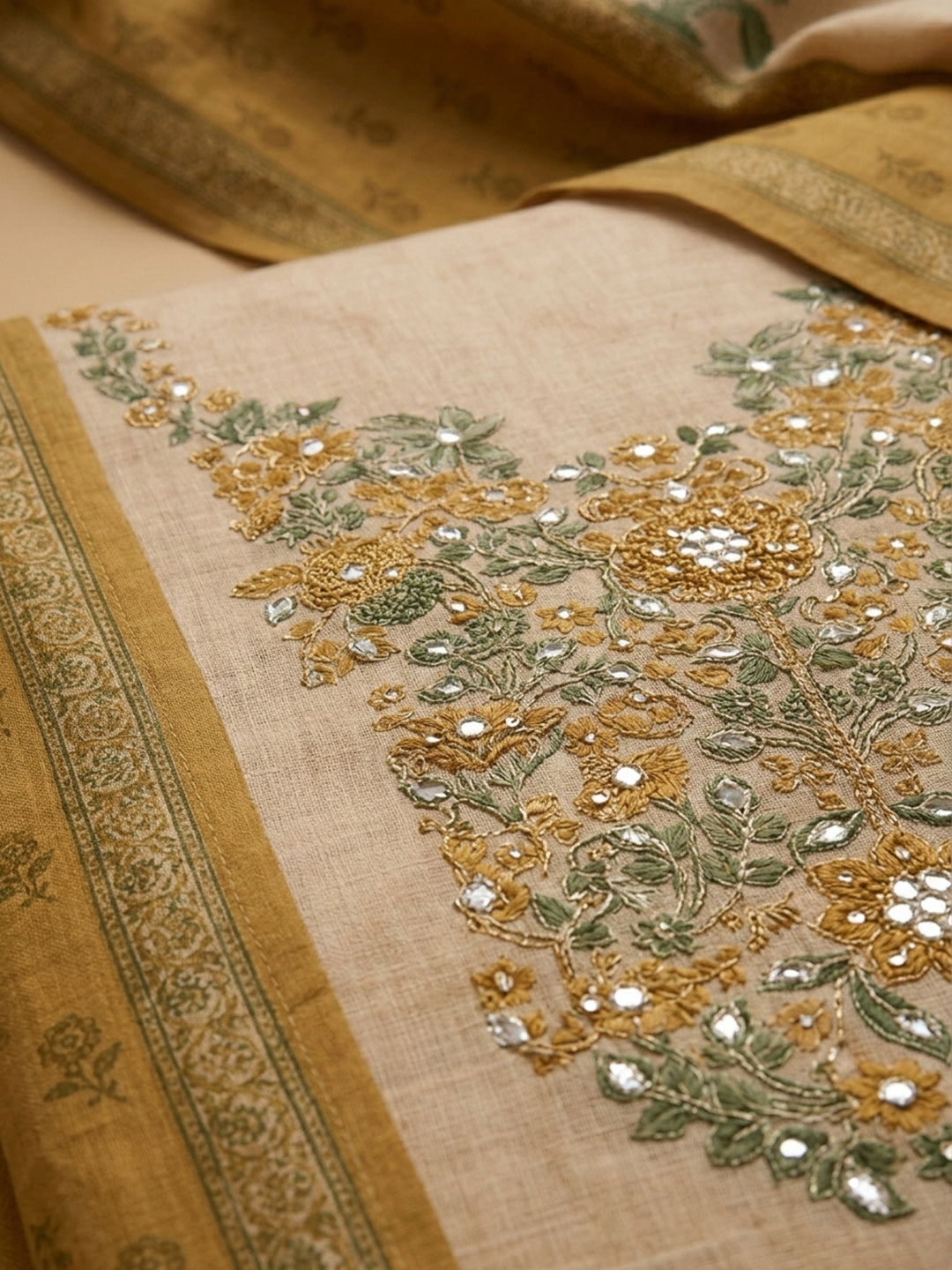 Mustard Printed Chanderi Unstitched Suit &amp; Pant With Chanderi Dupatta