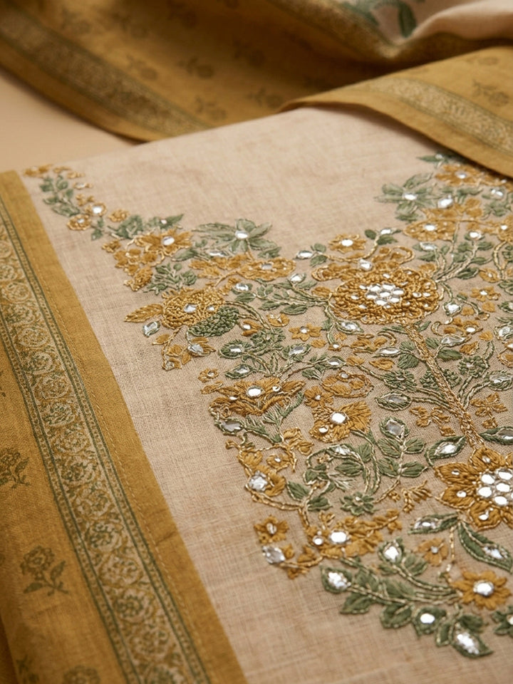 Mustard Printed Chanderi Unstitched Suit &amp; Pant With Chanderi Dupatta