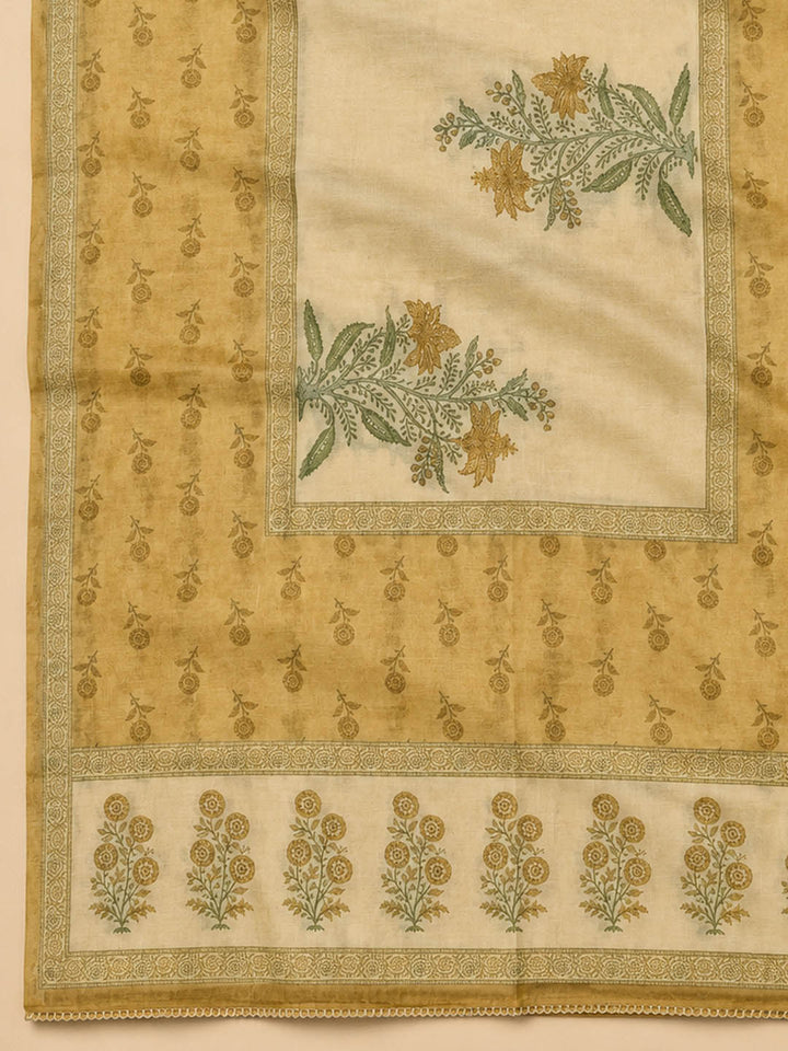Mustard Printed Chanderi Unstitched Suit &amp; Pant With Chanderi Dupatta