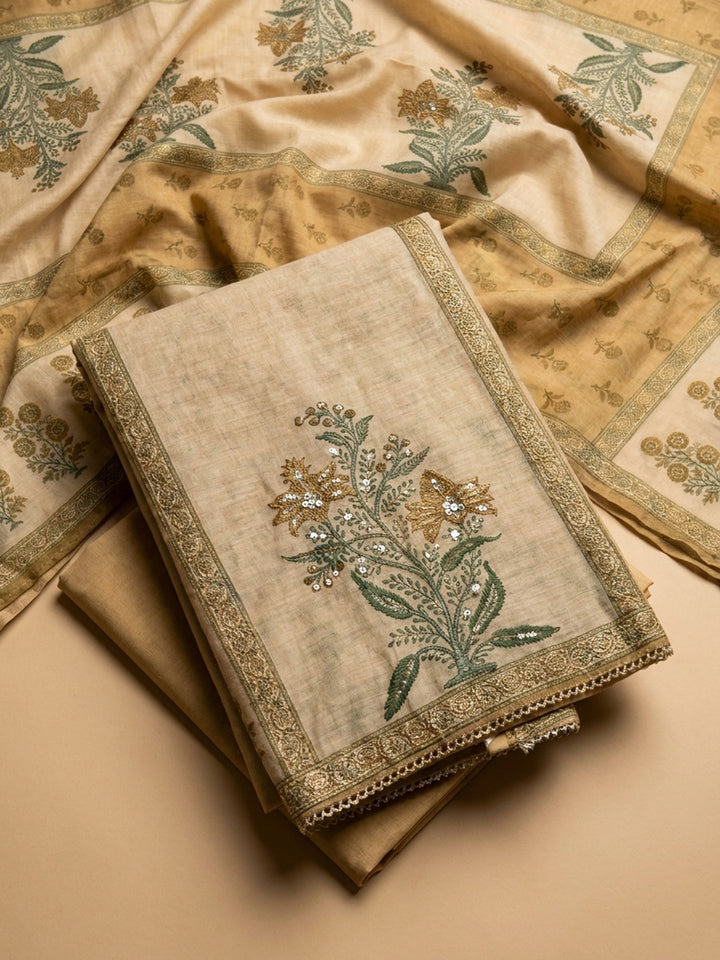 Mustard Printed Chanderi Unstitched Suit &amp; Pant With Chanderi Dupatta