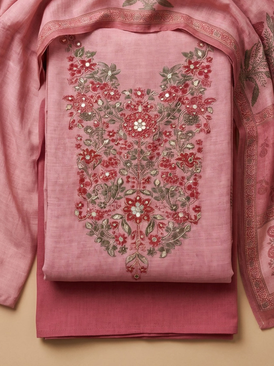Peach Printed Chanderi Unstitched Suit &amp; Pant With Chanderi Dupatta
