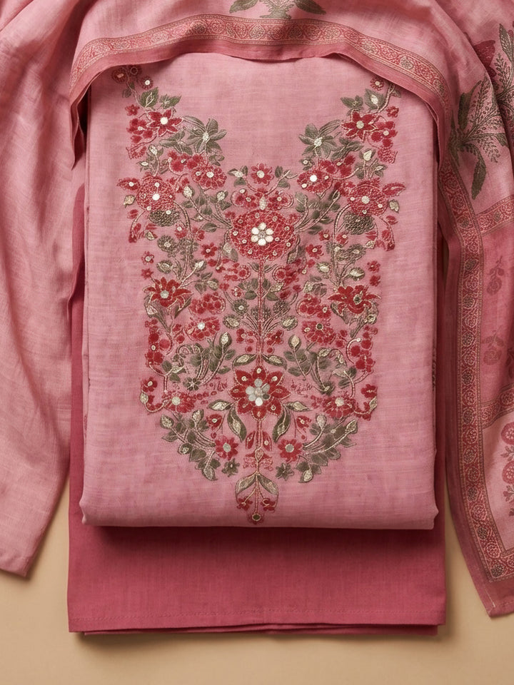 Peach Printed Chanderi Unstitched Suit &amp; Pant With Chanderi Dupatta