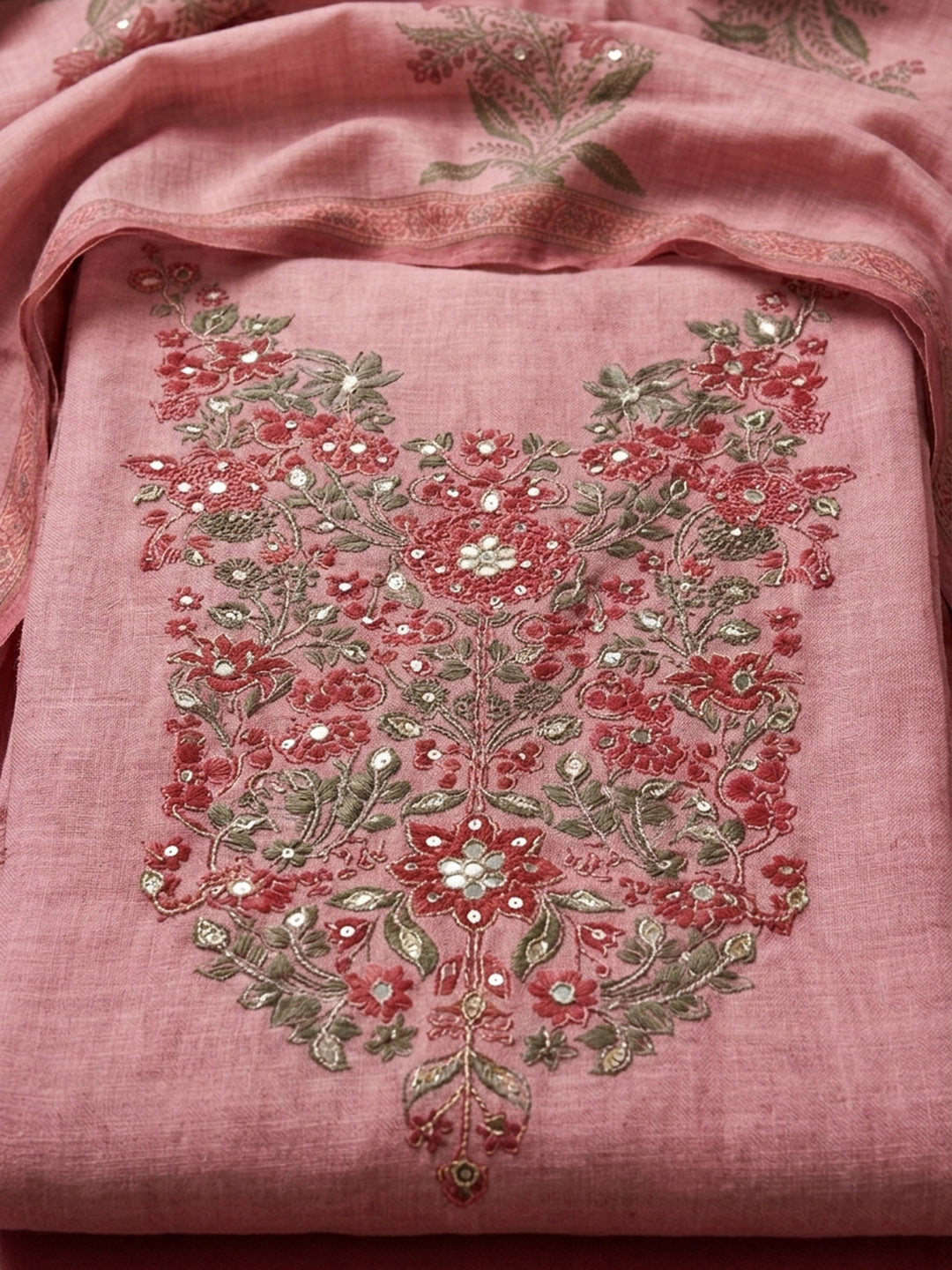 Peach Printed Chanderi Unstitched Suit &amp; Pant With Chanderi Dupatta