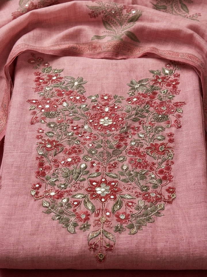 Peach Printed Chanderi Unstitched Suit &amp; Pant With Chanderi Dupatta
