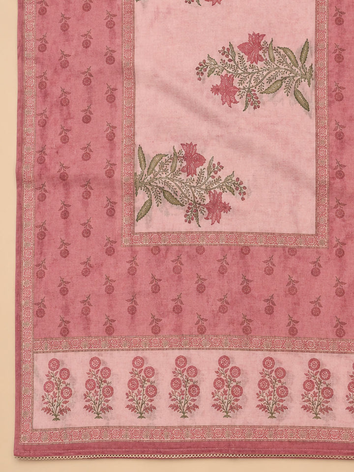 Peach Printed Chanderi Unstitched Suit &amp; Pant With Chanderi Dupatta