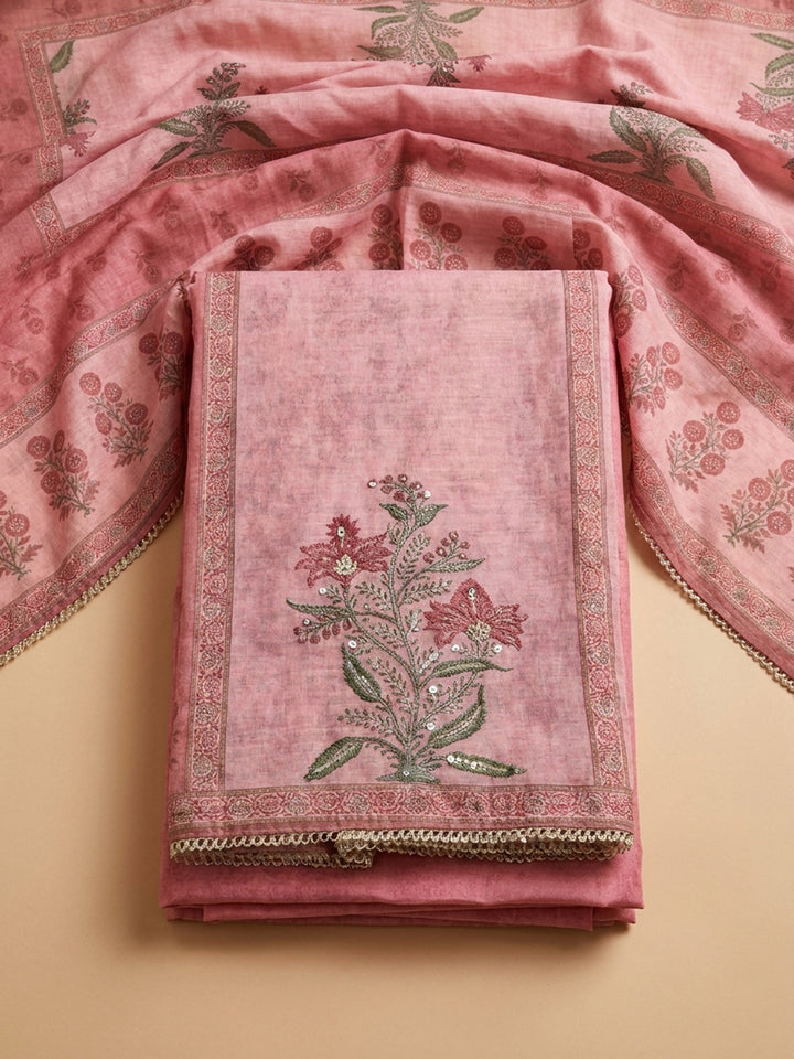 Peach Printed Chanderi Unstitched Suit &amp; Pant With Chanderi Dupatta