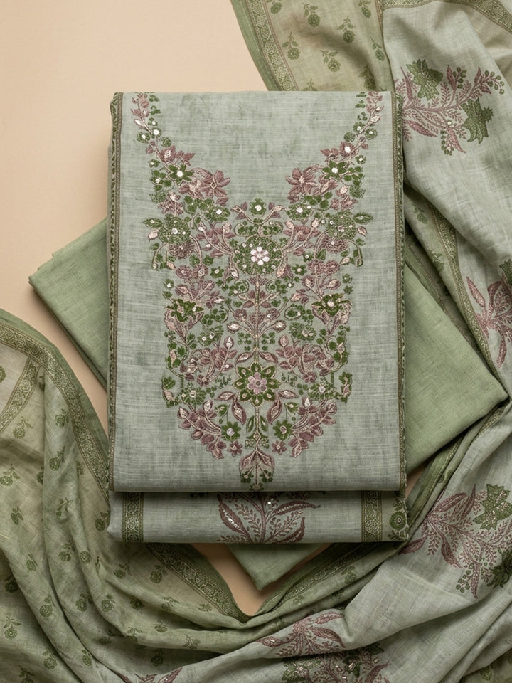 Pista Green Printed Chanderi Unstitched Suit &amp; Pant With Chanderi Dupatta