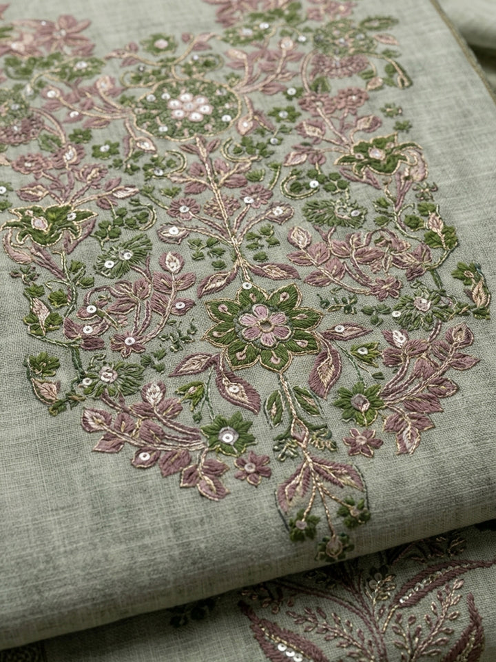 Pista Green Printed Chanderi Unstitched Suit &amp; Pant With Chanderi Dupatta