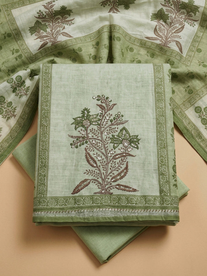 Pista Green Printed Chanderi Unstitched Suit &amp; Pant With Chanderi Dupatta