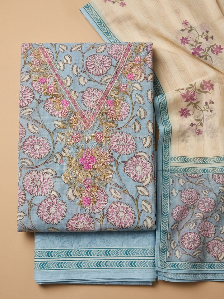 Grey Blue Embroidered Cotton Blend Unstitched Suit &amp; Pant With Cotton Dupatta