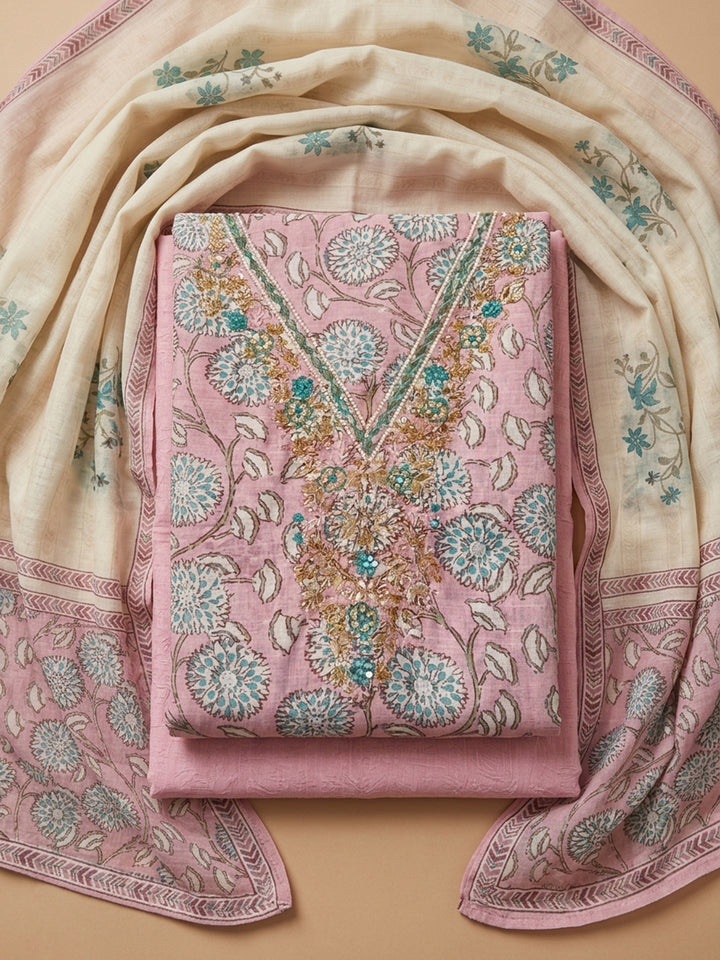 Peach Embroidered Cotton Blend Unstitched Suit &amp; Pant With Cotton Dupatta