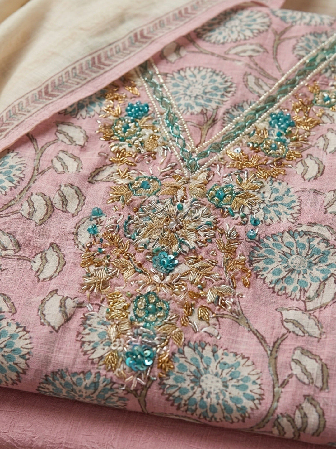 Peach Embroidered Cotton Blend Unstitched Suit &amp; Pant With Cotton Dupatta