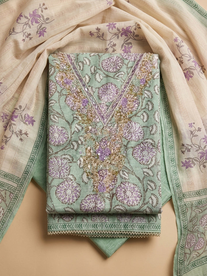 Sea Green Embroidered Cotton Blend Unstitched Suit &amp; Pant With Cotton Dupatta